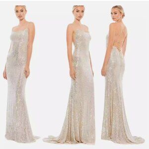 MAC DUGGAL 26269 STRETCH SEQUIN LACE UP BACK EVENING SILVER/NUDE GOWN sz 8